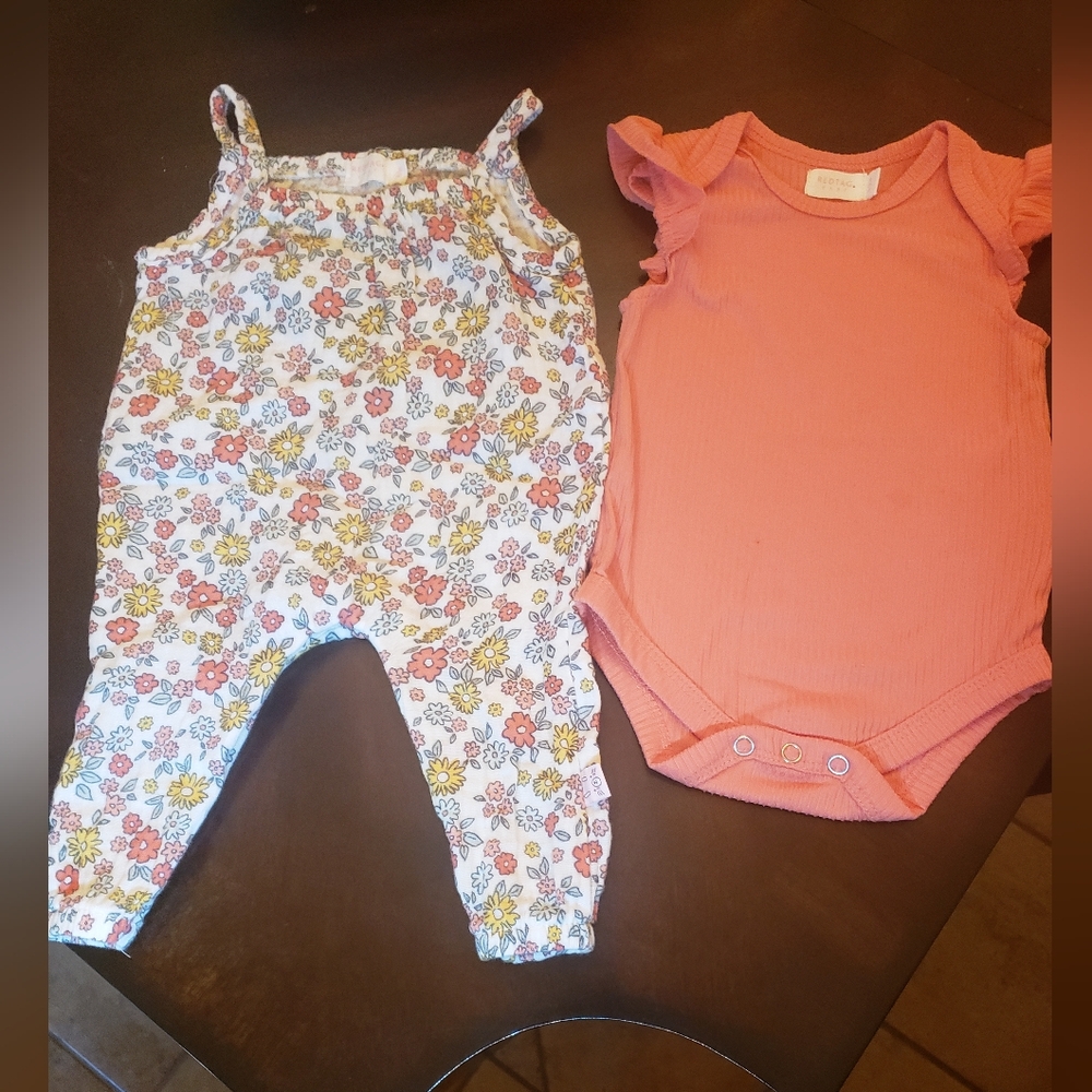 Redtag Baby Floral Jumpsuit and Coral Onesie Set Size 0-3